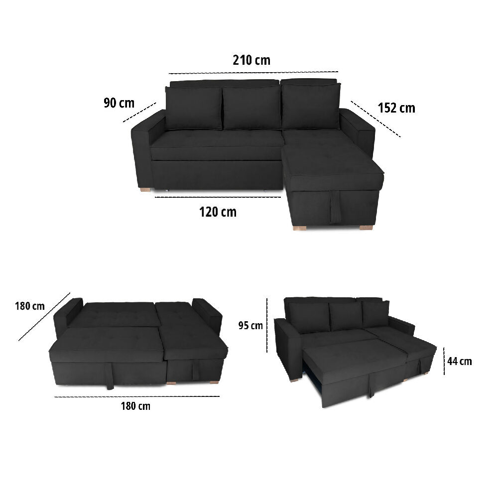 Esquinero Baúl Marsella Multifuncional Reclinable Derecho Negro + Cojines Decorativos