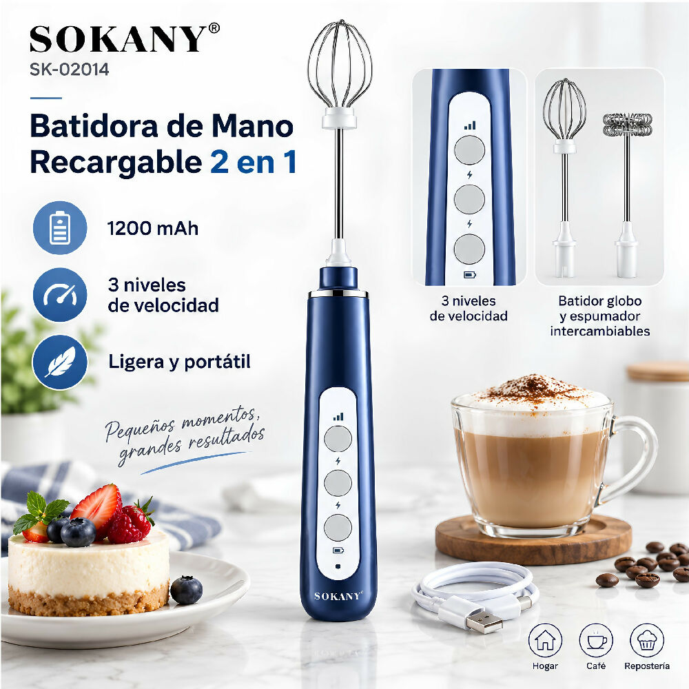 Minibatidora Portátil Recargable Sokany SK-02014 Con Accesorios Azul