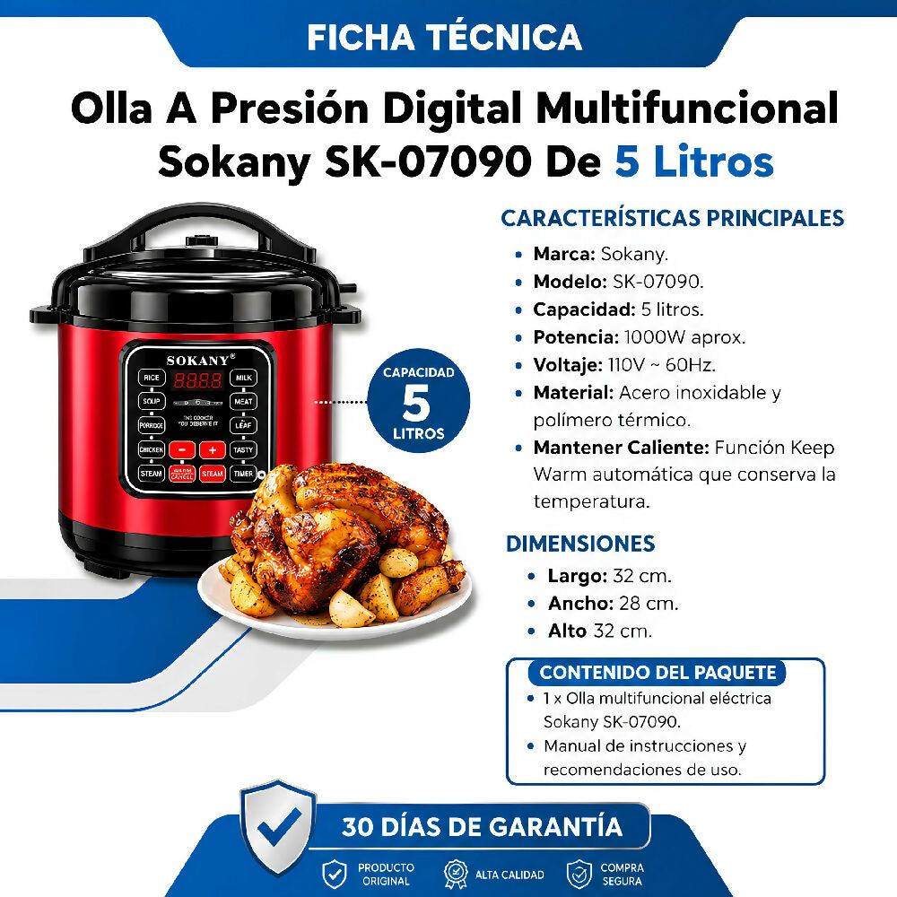 Olla A Presión Digital Multifuncional Sokany SK-07090 De 5 Litros