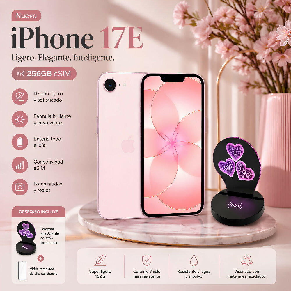 Celular Apple IPhone 17e 256gb ESim + Obsequio Lámpara Corazón 3D MagSafe Y Vidrio Palo Rosa