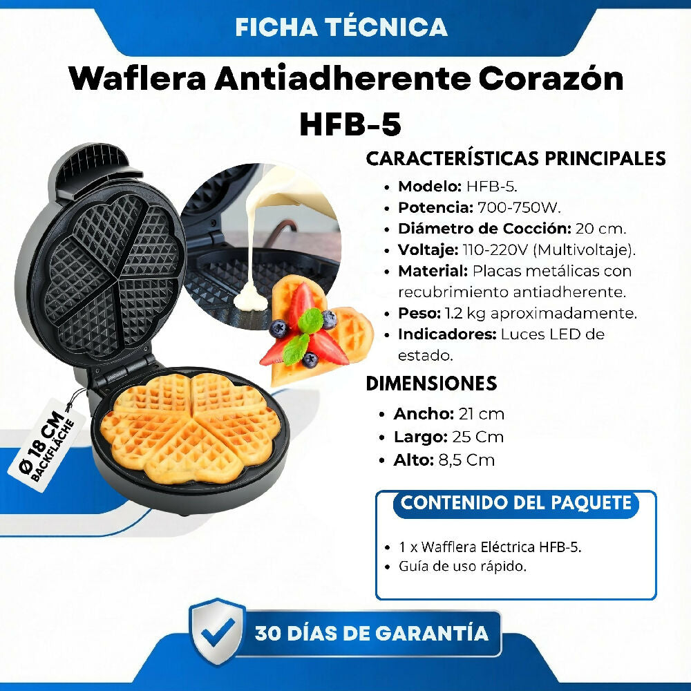 Waflera Antiadherente Corazón HFB-5 De Acero Inoxidable Y Cocción Rápida