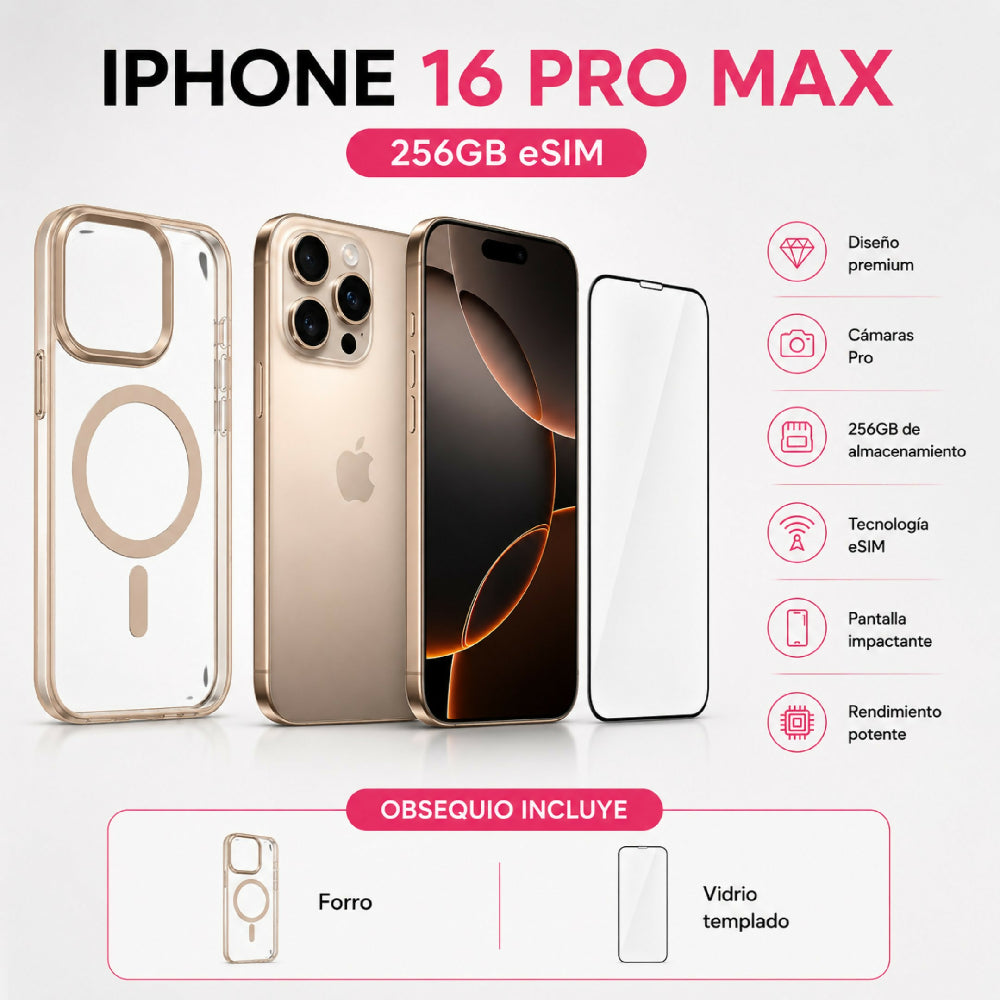 Celular Apple IPhone 16 Pro Max 256gb ESim + Obsequio Vidrio Templado Y Forro Dorado