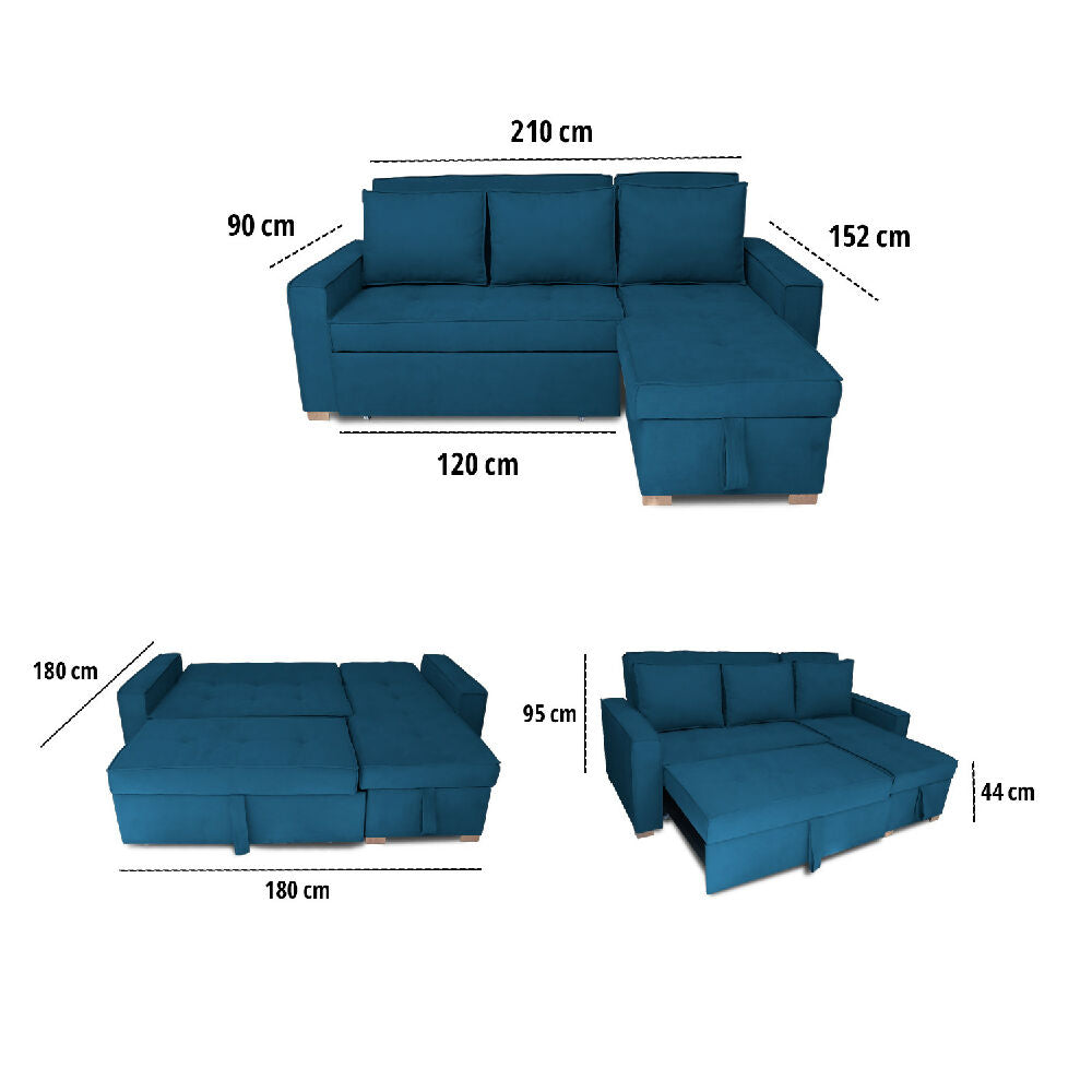 Esquinero Baúl Marsella Multifuncional Reclinable Derecho Azul Petróleo + Cojines Decorativos