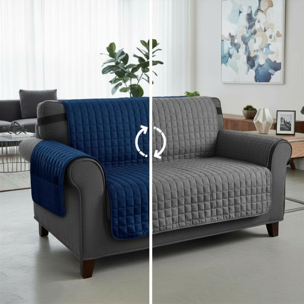 Protector de Sofá 2 Puestos Acolchado Doble Faz Unicolor Azul Oscuro y Gris