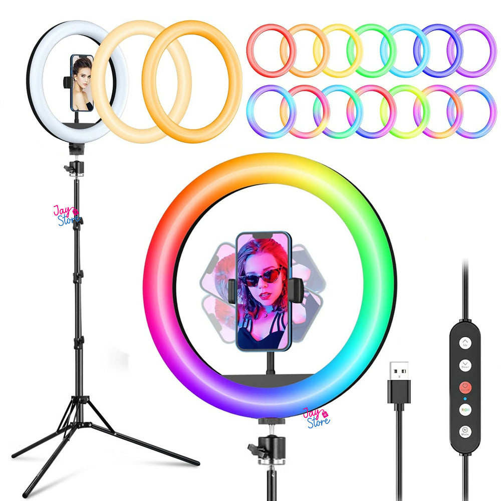 Aro de Luz LED RGB 26cm Trípode 2.1mts Fotografías Selfie