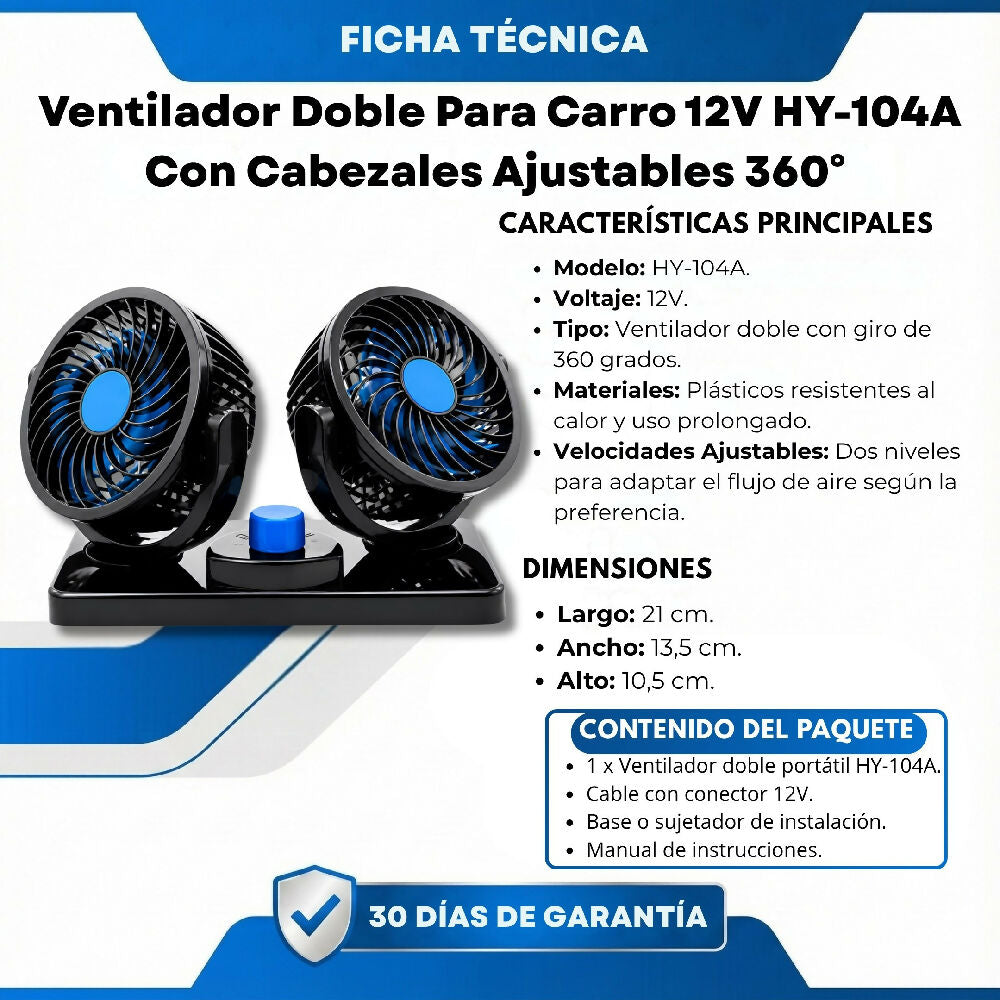 Ventilador Doble Para Carro 12V HY-104A Con Cabezales Ajustables 360°
