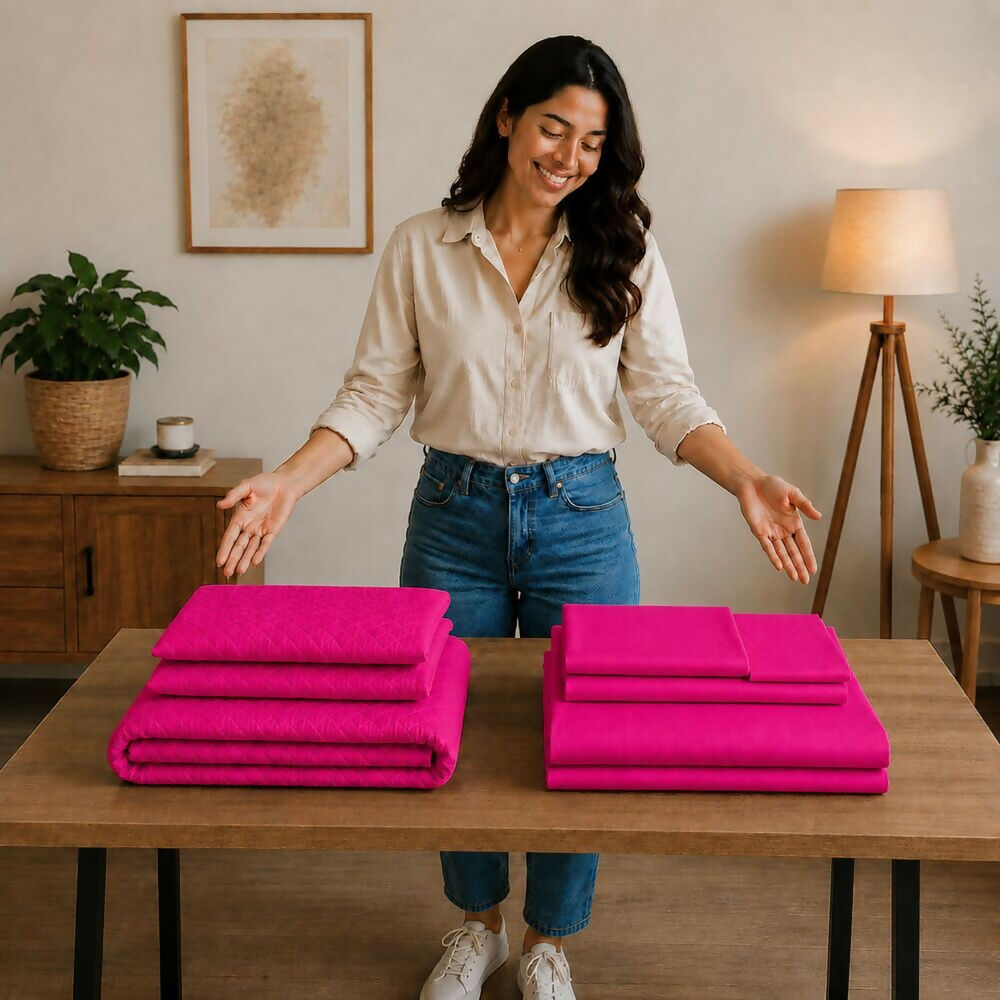 Combo protector colchon + Juego de sábanas semidoble fucsia