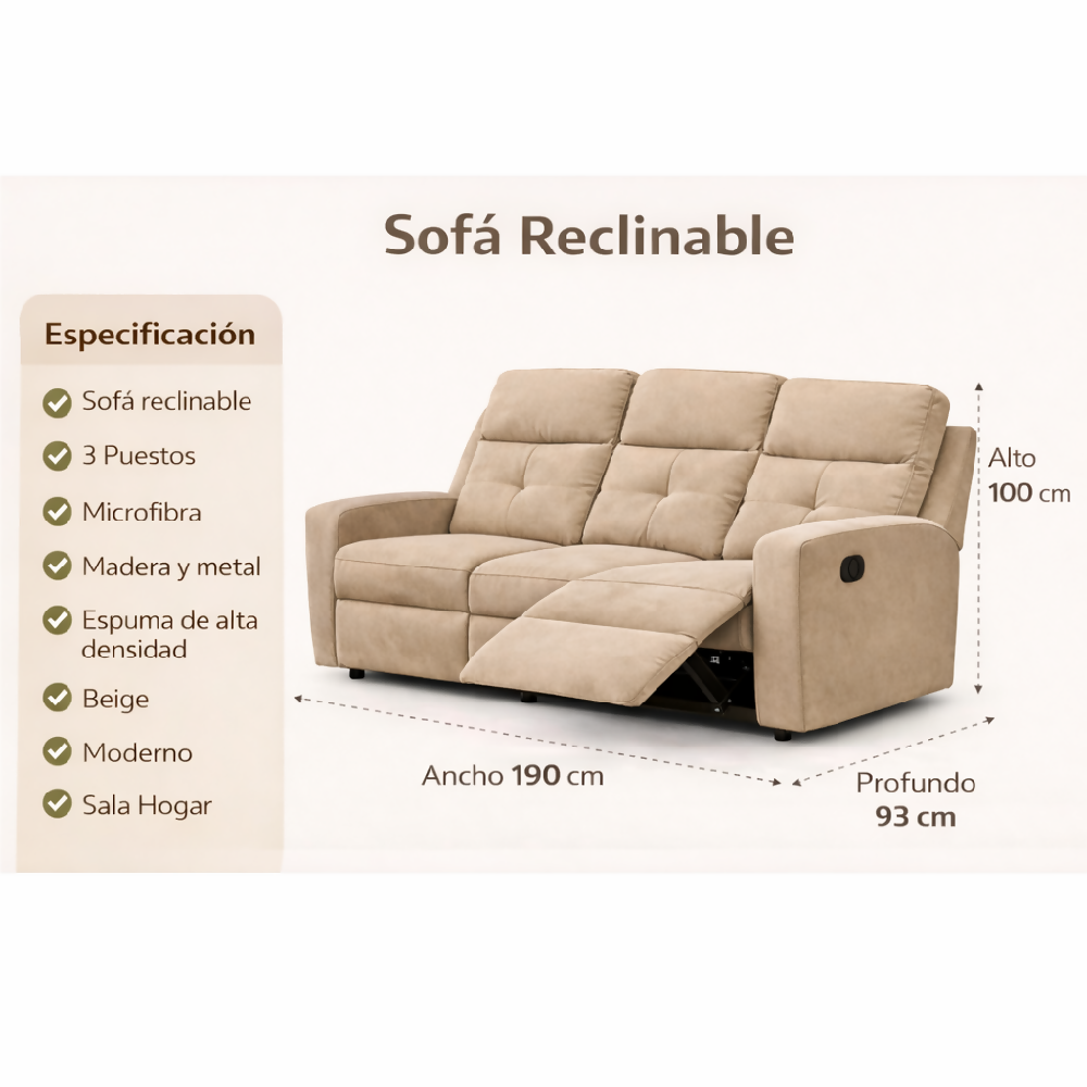 Sofa Reclinable 3 puestos Tacio Tela Khaki