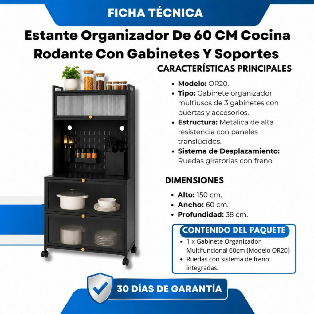 Estante Organizador De 60 CM Cocina Rodante Con Gabinetes Y Soportes