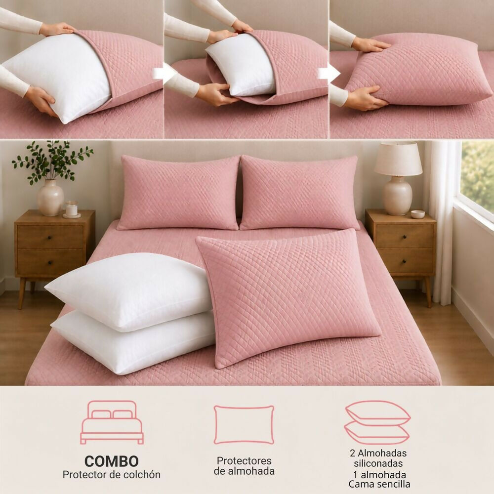 Combo protector colchon + 2 almohadas siliconadas semidoble rosado