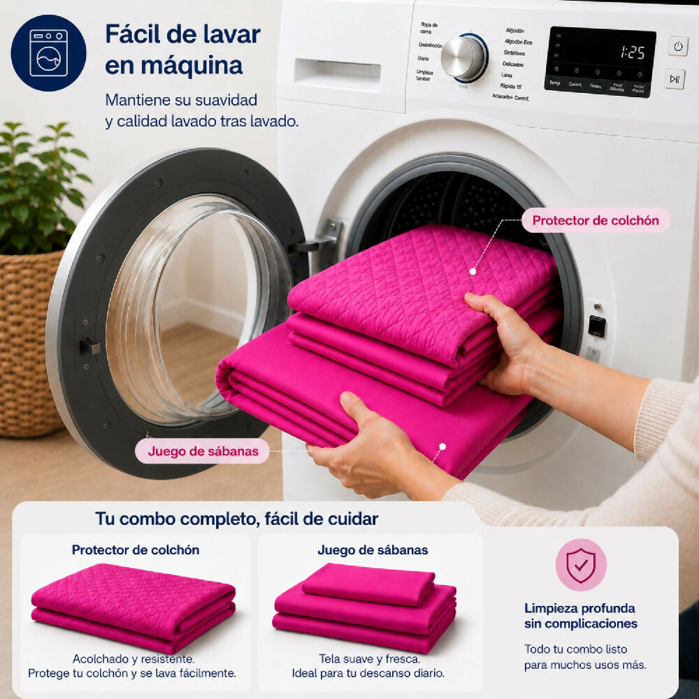 Combo protector colchon + Juego de sábanas sencilla fucsia