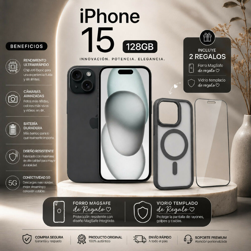 Celular Apple IPhone 15 128gb + Obsequio Vidrio Templado Y Forro Protector Negro
