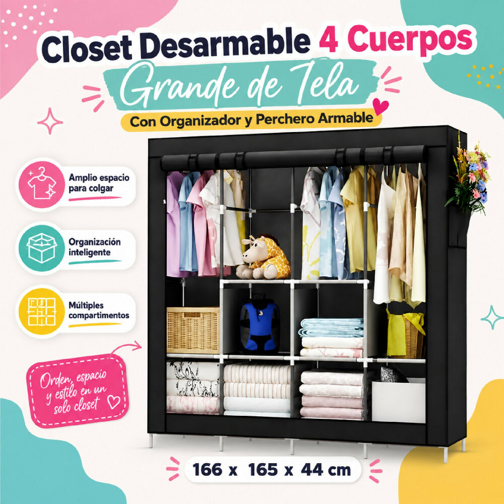 Closet Desarmable 4 Cuerpos Grande De Tela Con Organizador Y Perchero Armable
