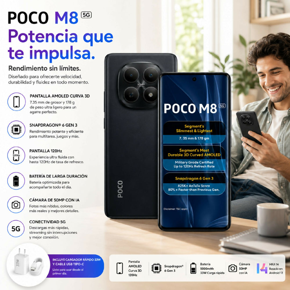 Celular POCO M8 5G 256GB Almacenamiento Y 8GB RAM Pantalla Pro Negro