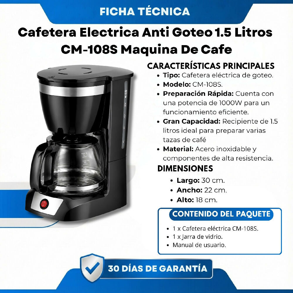 Cafetera Electrica Anti Goteo 1.5 Litros CM-108S Maquina De Cafe