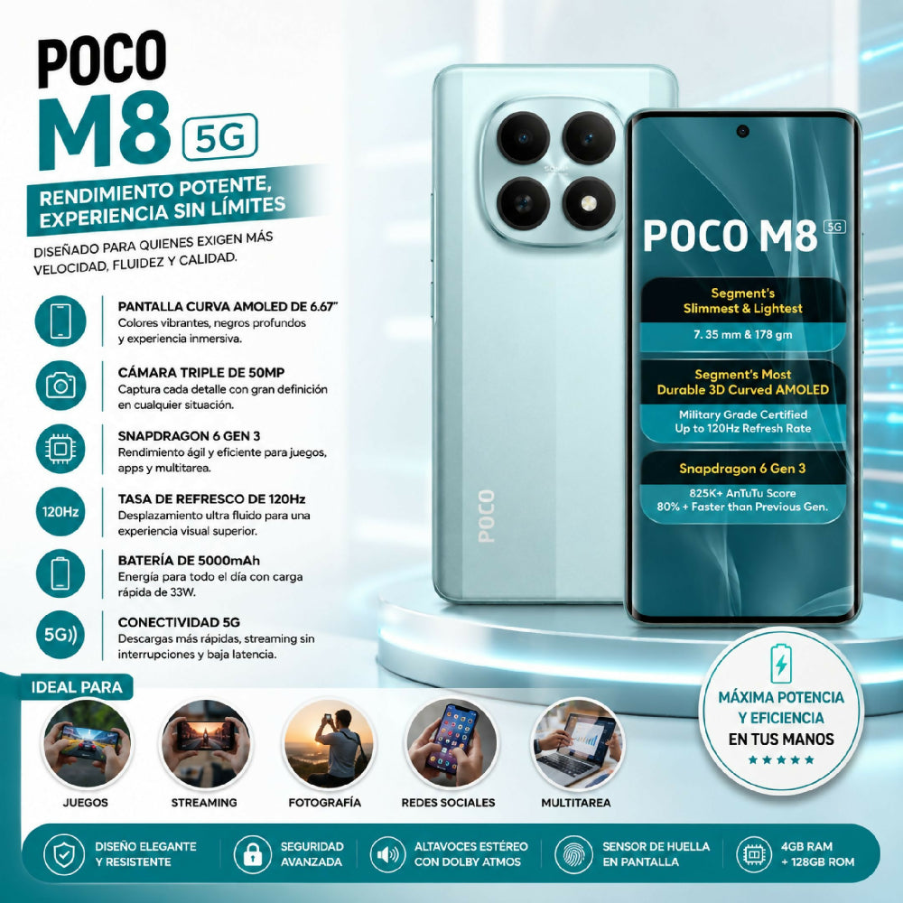 Celular POCO M8 5G 256GB Almacenamiento Y 8GB RAM Pantalla Pro Celeste