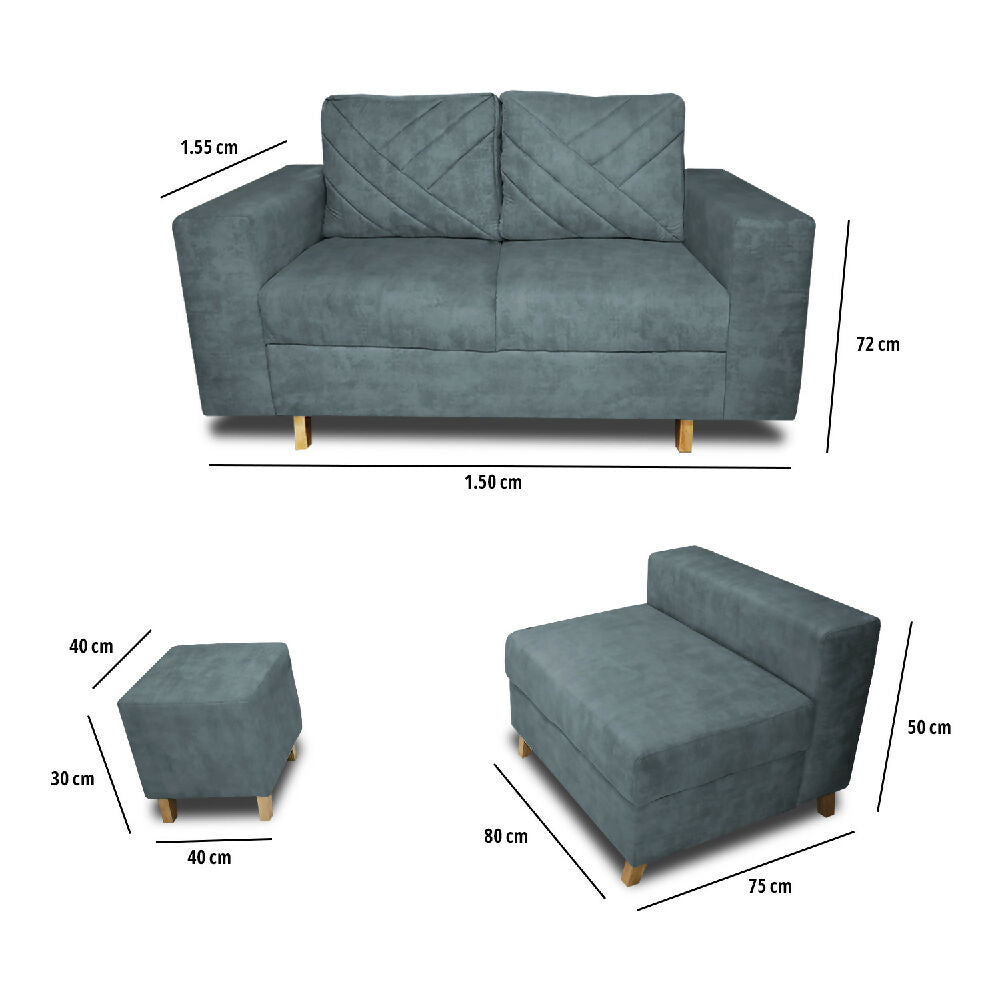 Sala Amsterdam + Silla + Puff en Tela Amigable Con Mascotas 150X72X155 Cm Acero