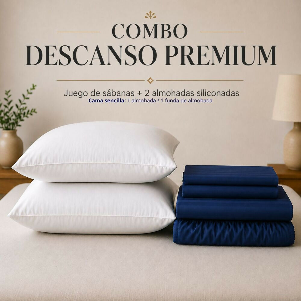 Combo Juego de sábanas + 2 almohadas siliconadas doble azul
