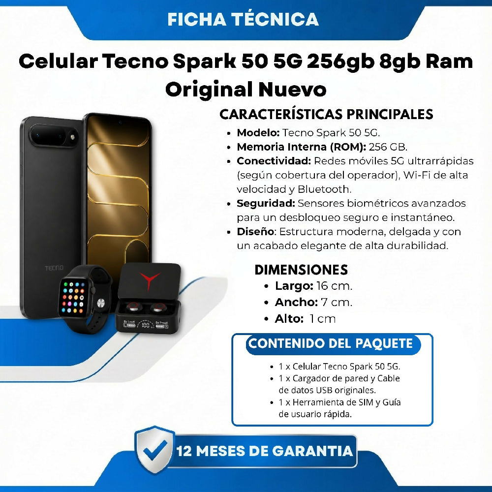 Teléfono Tecno Spark 50 5G 256gb Negro + Kit Regalo Reloj Y Audífonos