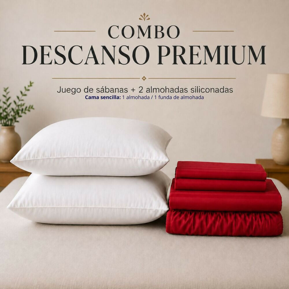 Combo Juego de sábanas + 2 almohadas siliconadas semidoble rojo