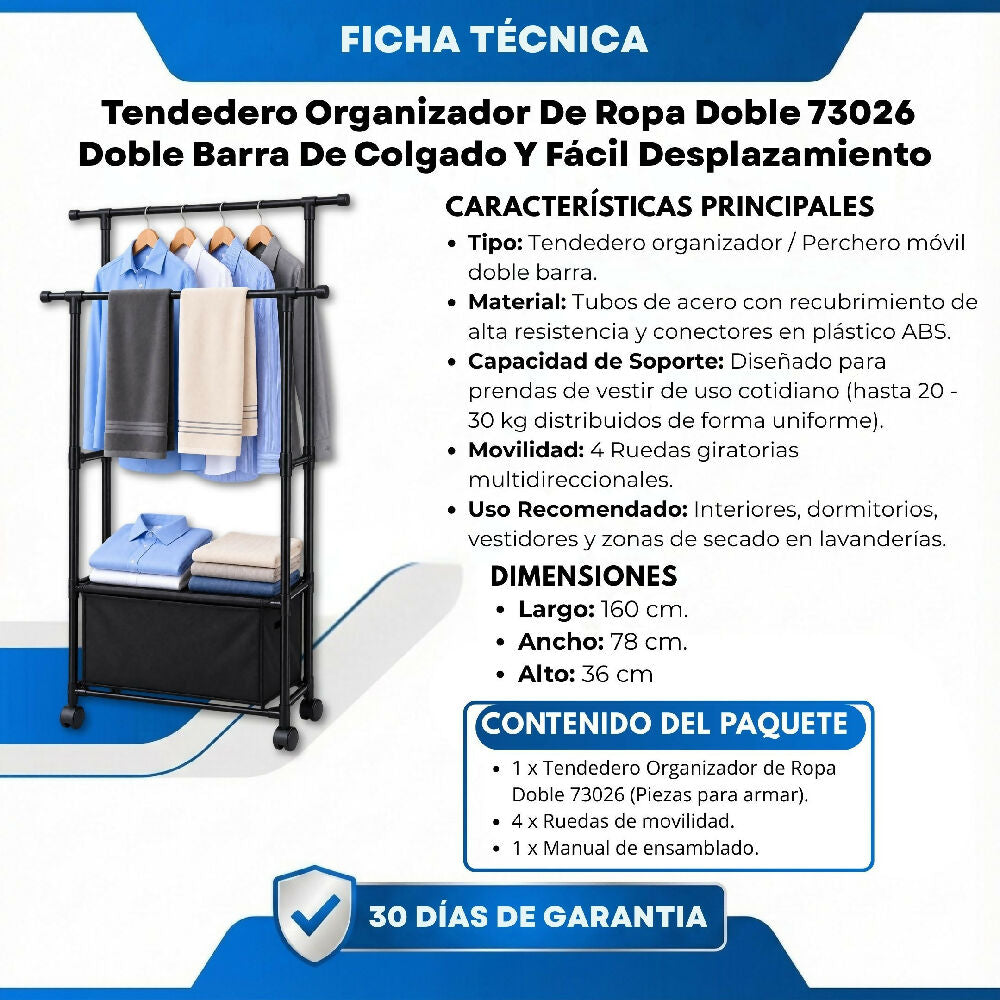 Tendedero Organizador De Ropa Doble 73026 Con Doble Barra De Colgado Y Fácil Desplazamiento