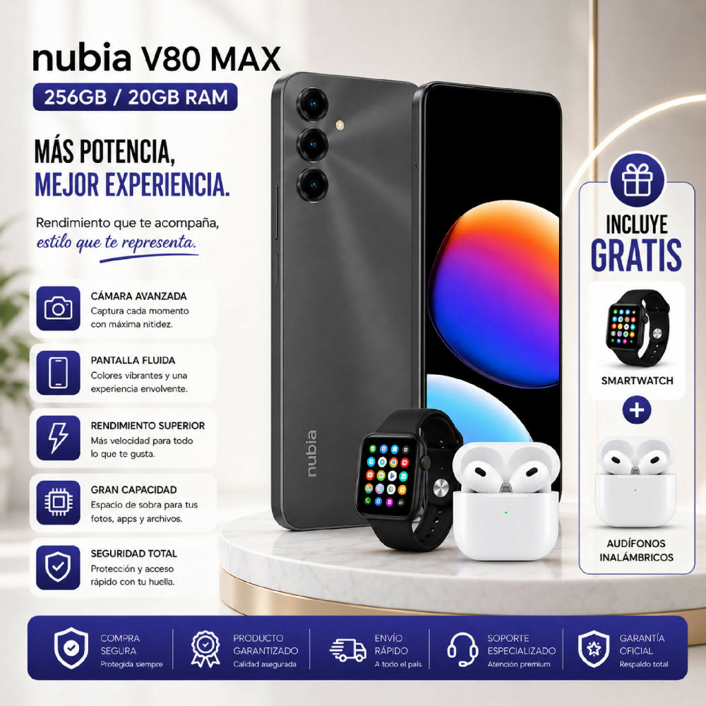 Celular Nubia V80 Max 256GB 20GB RAM Negro + Audífonos Y Reloj Obsequio