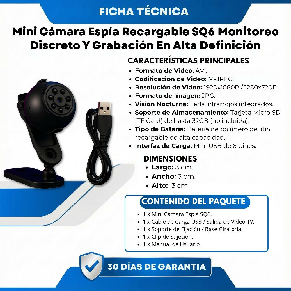 Mini Cámara Espía Recargable SQ6 El Tamaño Más Compacto Para Proteger Tu Hogar U Oficina