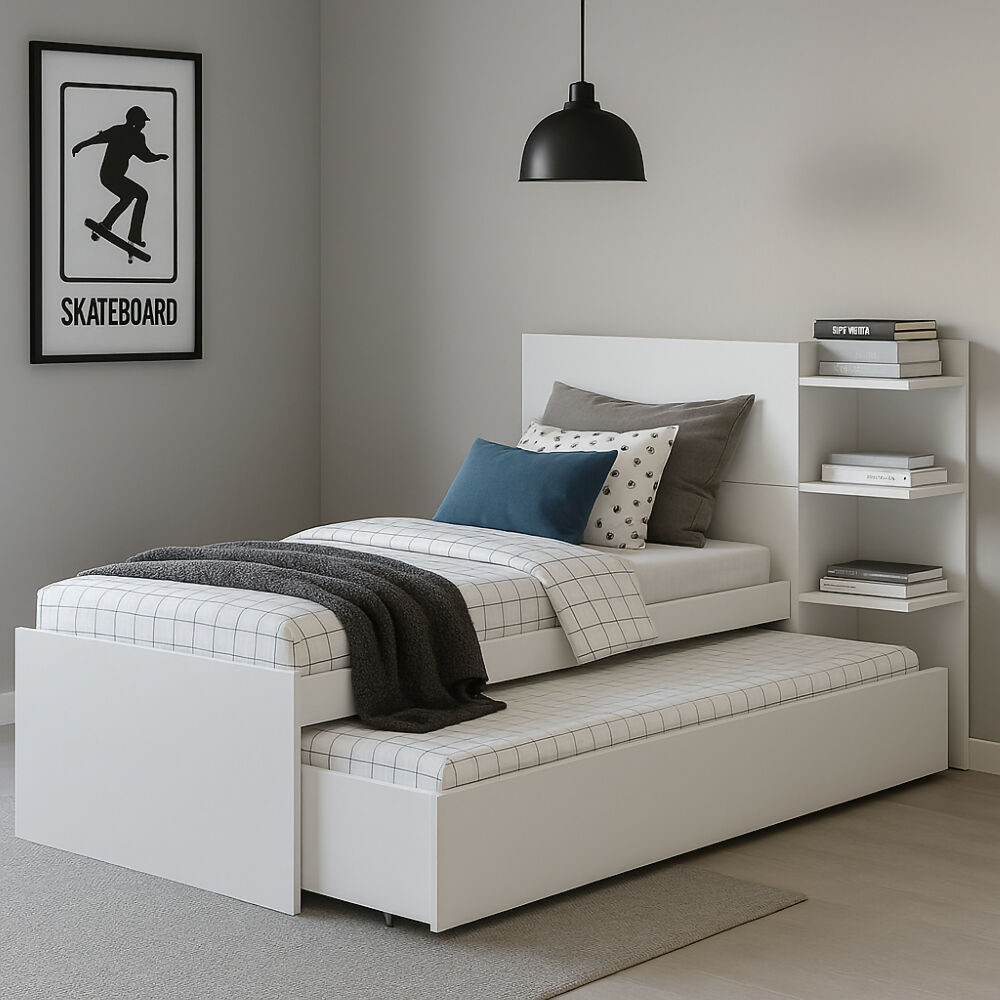 Cama Nido Multifuncional Gea Blanca Con Estantes Laterales Y Cabecero Con Almacenamiento