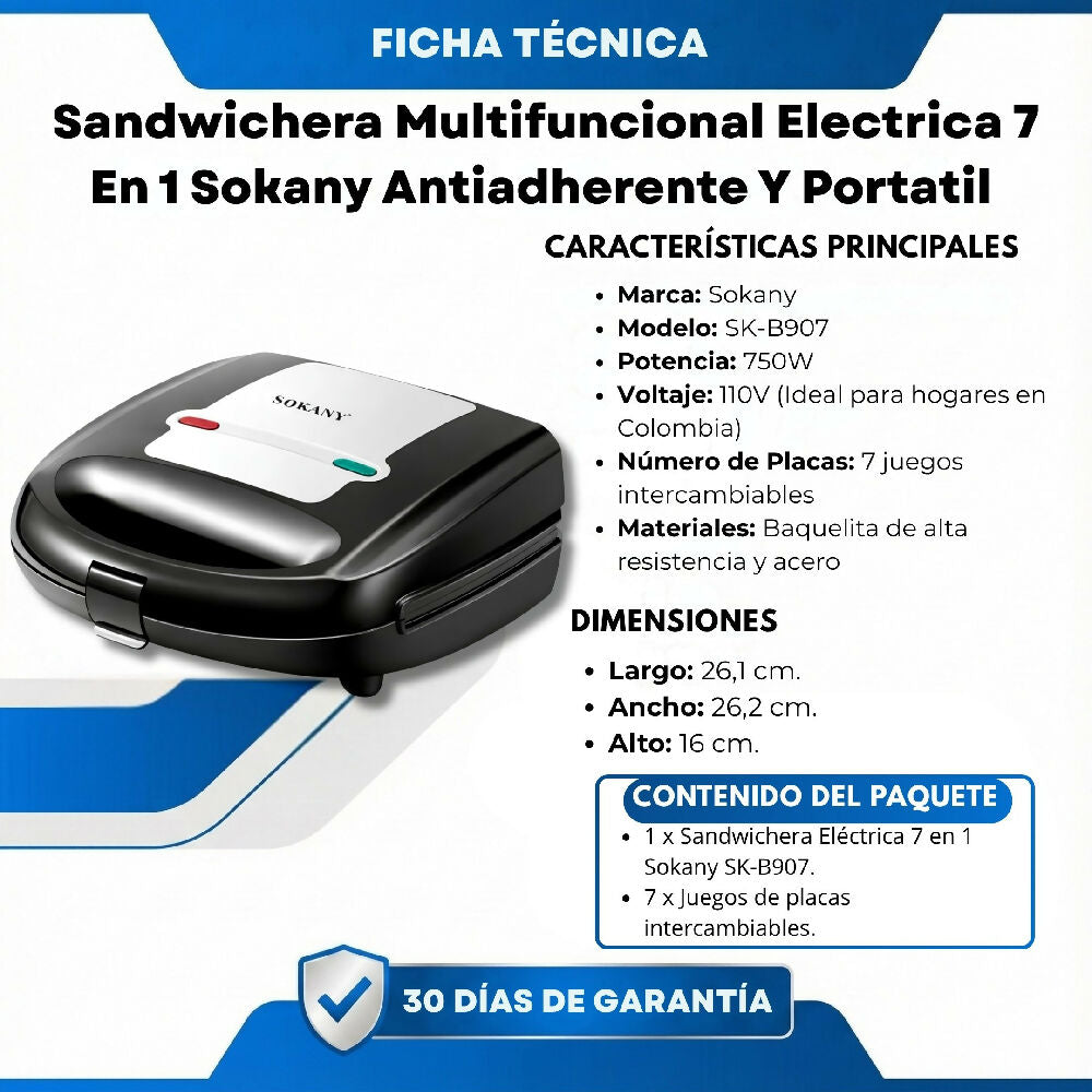 Sandwichera Multifuncional Electrica 7 En 1 Sokany Antiadherente Y Portatil