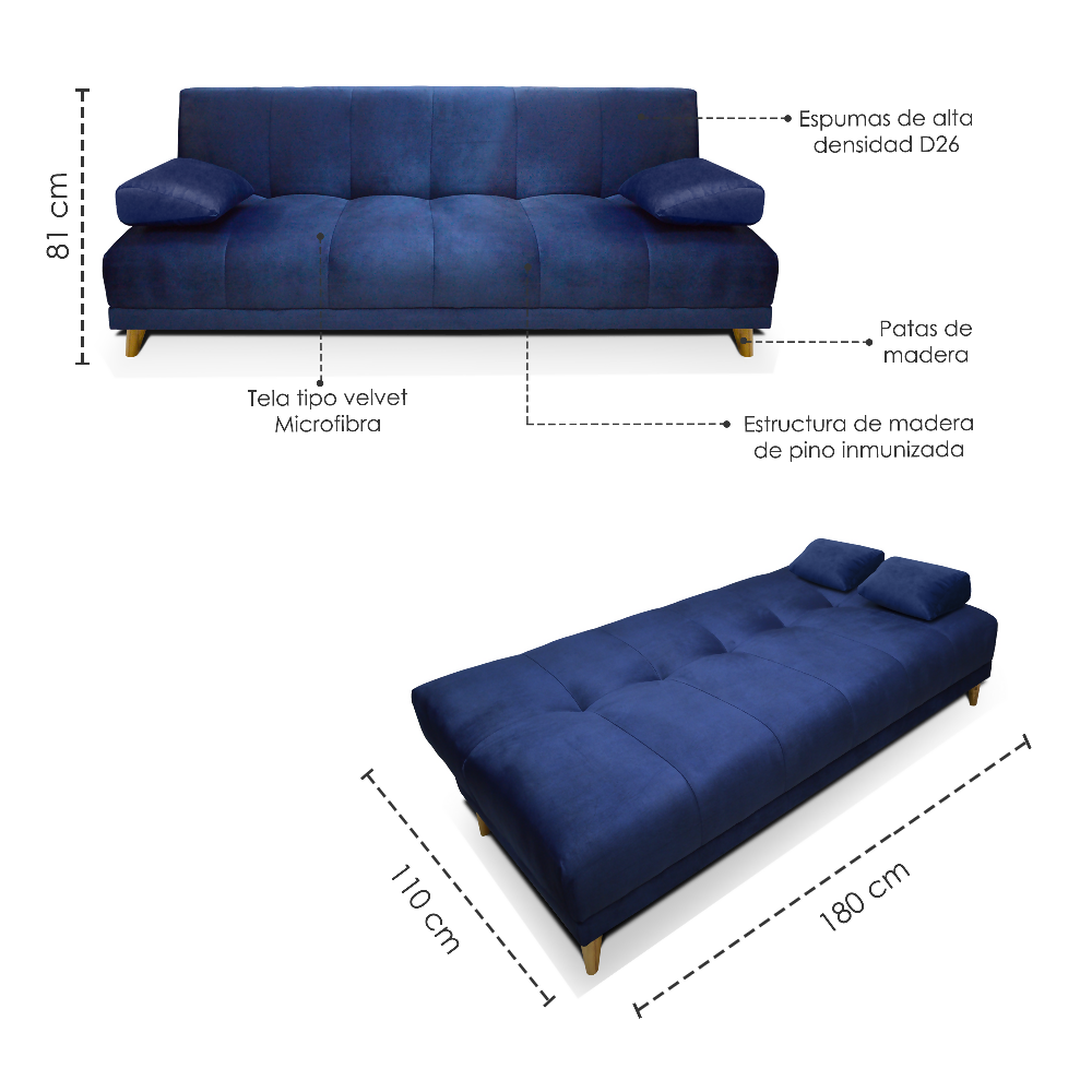 Sofá Cama 3 Posiciones Sabath Tela Azul