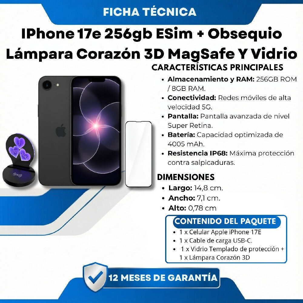 Celular Apple IPhone 17e 256gb ESim + Obsequio Lámpara Corazón 3D MagSafe Y Vidrio Negro