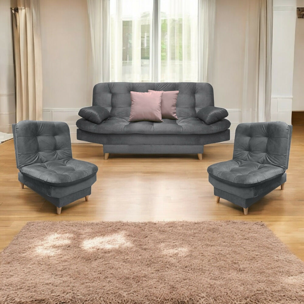 Sala Clic Clac Fendik tela gris + cojines decorativos