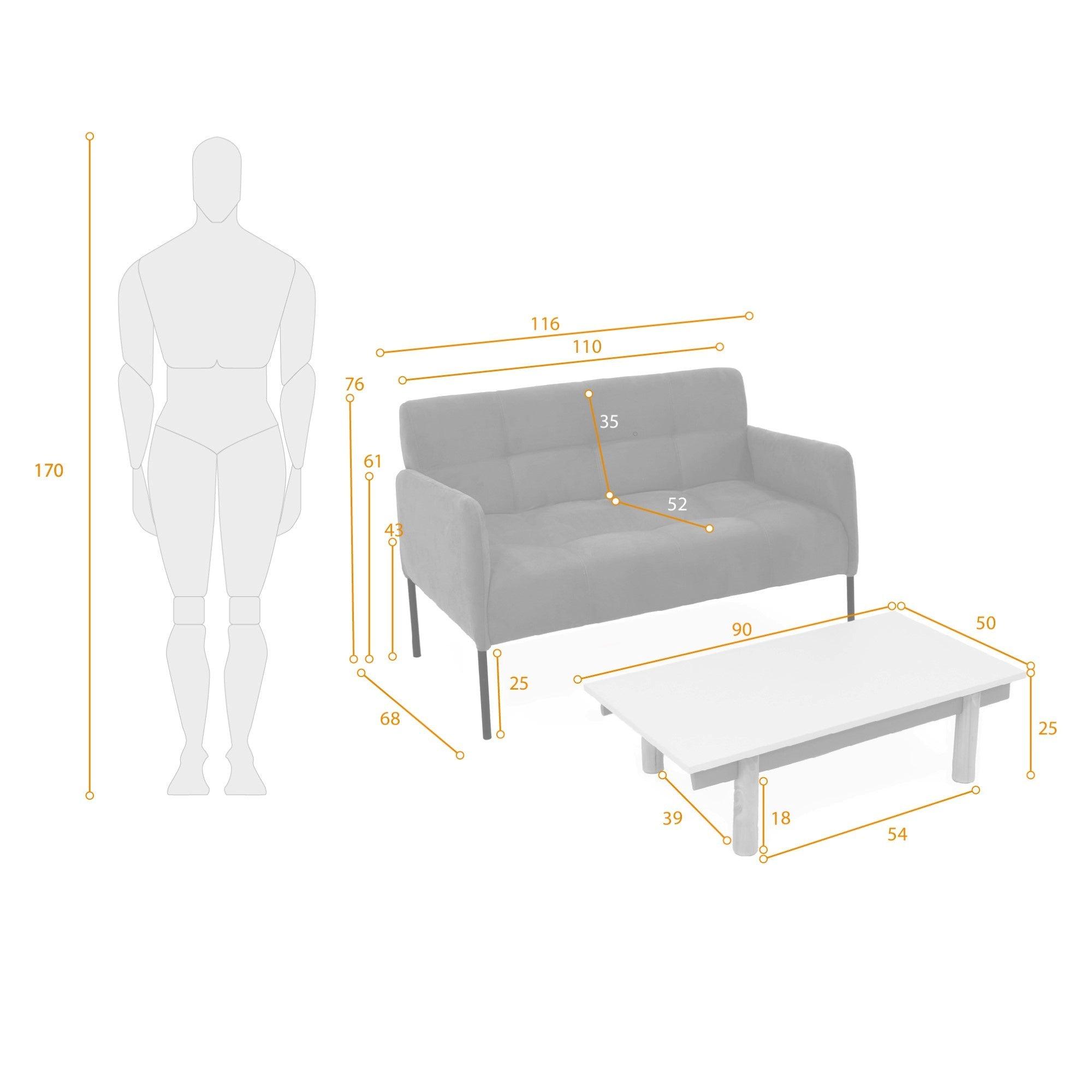 Sofa Olivia 2 Puestos Tela Gris y Mesa de Centro Habana Blanco