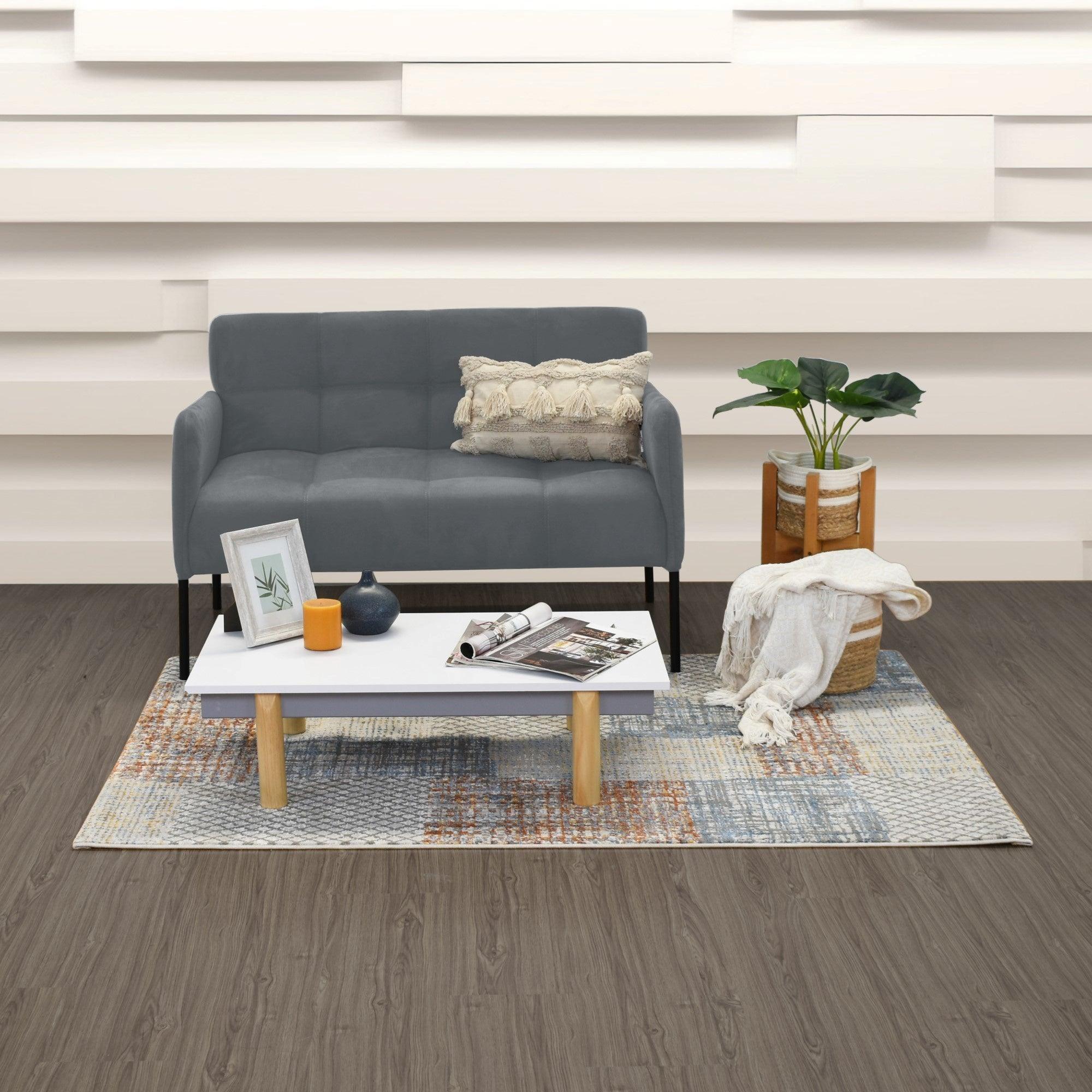 Sofa Olivia 2 Puestos Tela Gris y Mesa de Centro Habana Blanco
