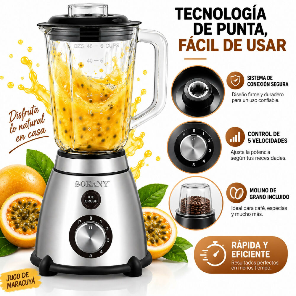 Licuadora Vaso De Alimentos Sokany 2 En 1 SK-03031 Alta Potencia Bebida 1,5L