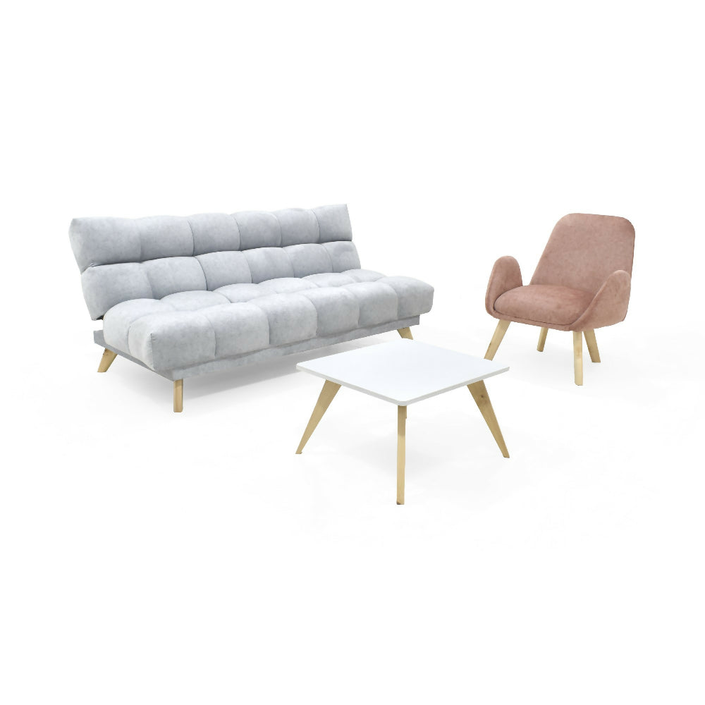 Sala Con Sofa Cama Nubo Plata + Poltrona Sibu Salmon Y Mesa de Centro Nova
