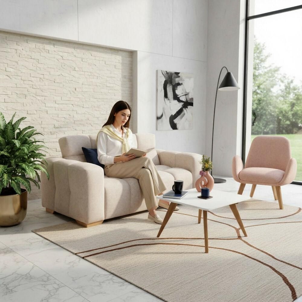 Set de Sala con Sofa Miami 2 Puestos Tela Beige con Poltrona Sibu Tela Salmon y Mesa Nova