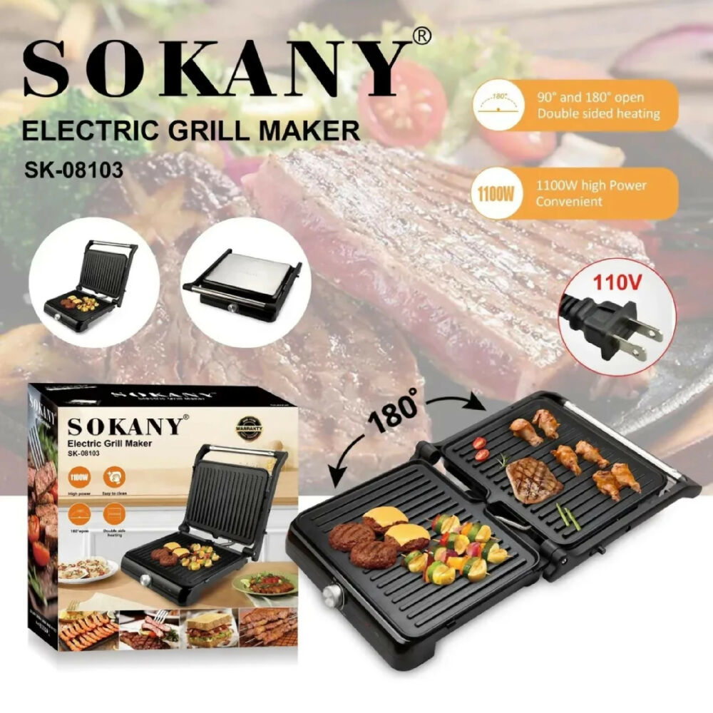 Parrilla Electrica Sokany Antiadherente SK-08103 De Acero Inoxidable Con Placas De Doble Cara
