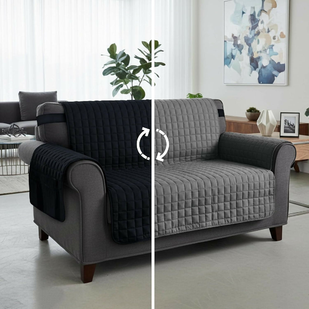 Protector de Sofá 2 Puestos Acolchado Doble Faz Unicolor Negro y Gris