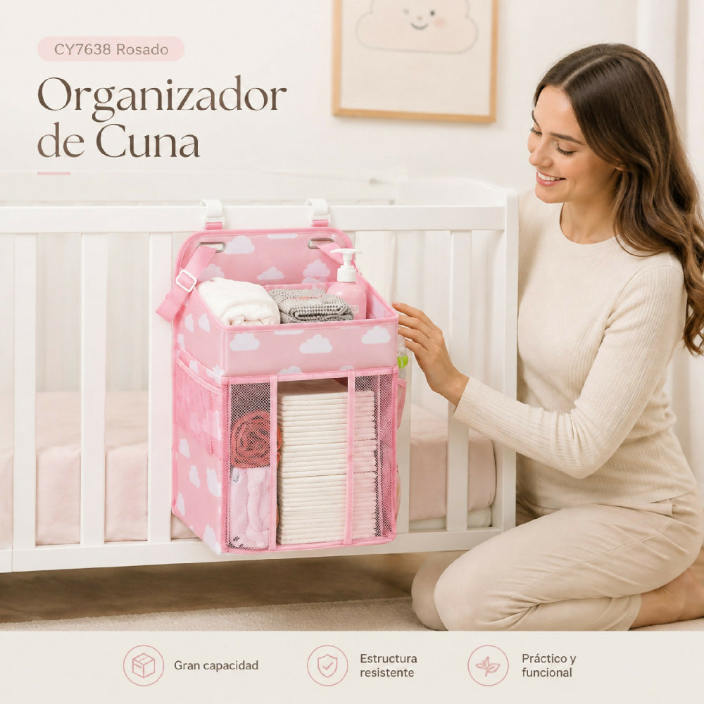 Organizador Colgante Para Cuna CY7638 Rosado Con Compartimentos Y Ganchos De Sujeción