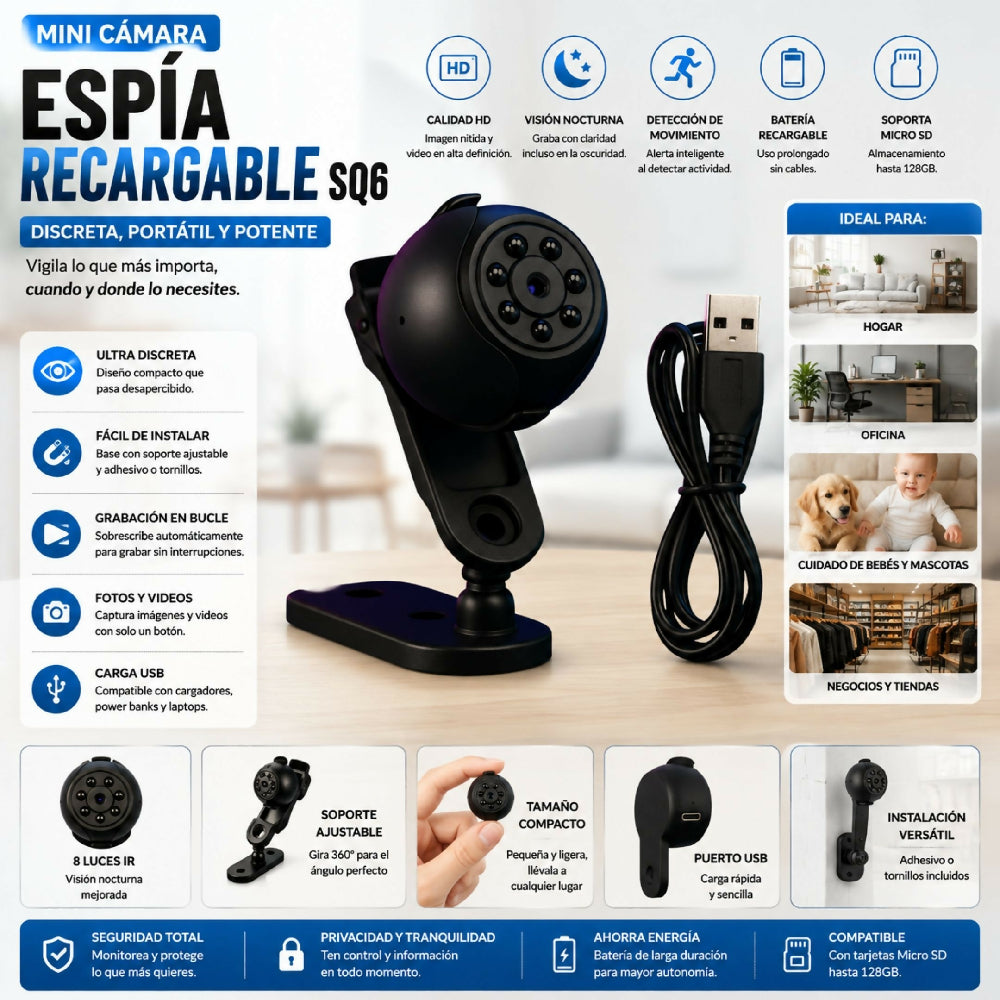 Mini Cámara Espía Recargable SQ6 El Tamaño Más Compacto Para Proteger Tu Hogar U Oficina
