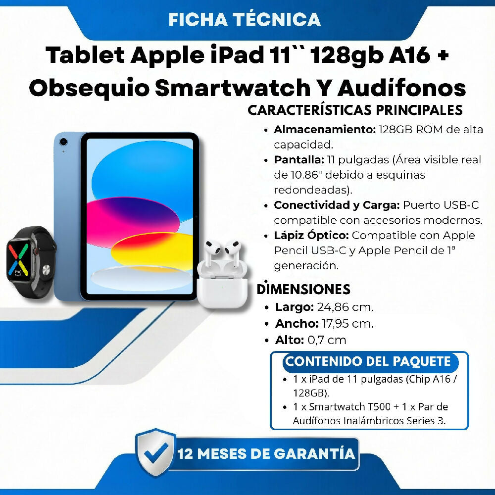 Tablet Apple IPad 11 Pulgadas128gb A16 + Obsequio Smartwatch Y Audífonos Celeste