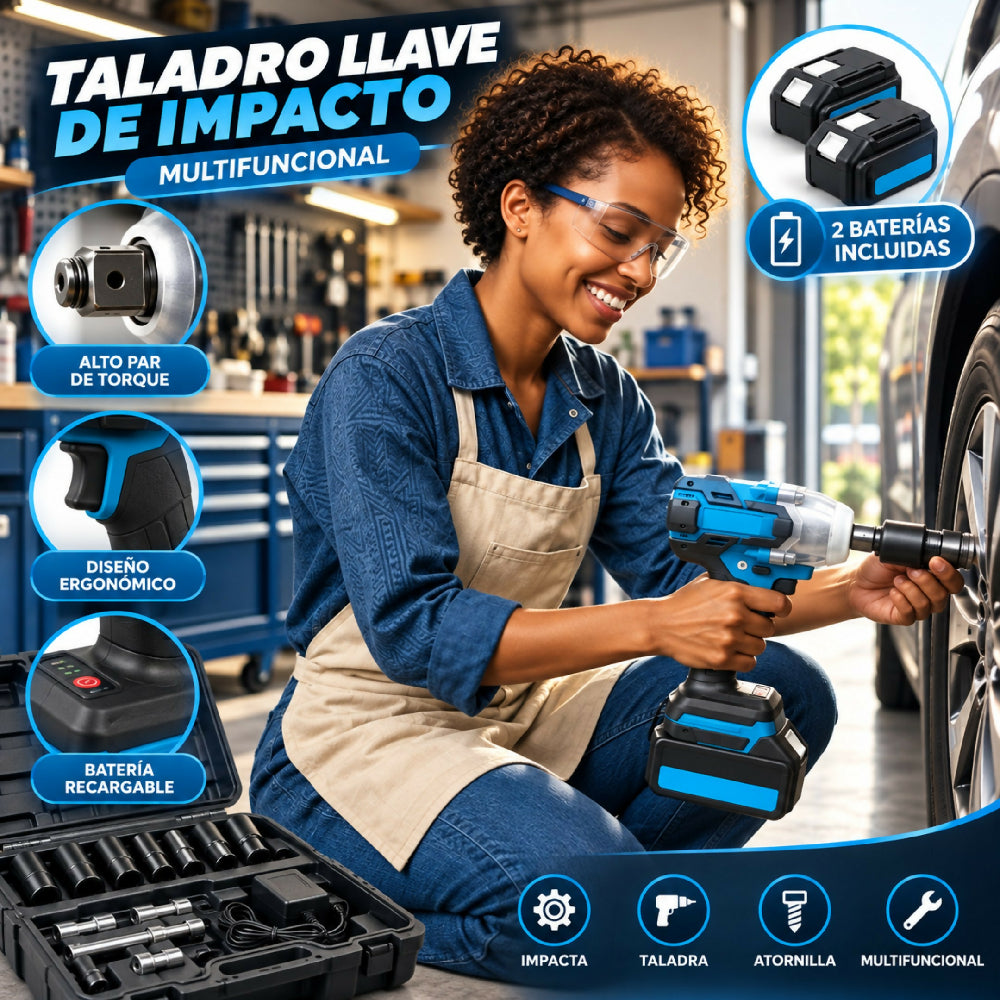Kit taladro inalámbrico multifuncional con llave de impacto y 2 baterías - vista lateral