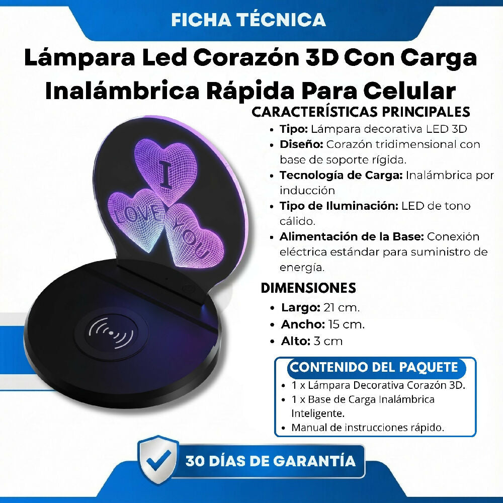 Lámpara Led Corazón 3D Con Carga Inalámbrica Rápida Para Celular