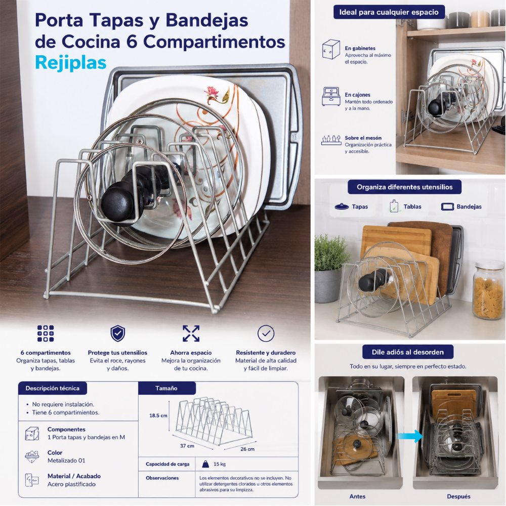 Porta Tapas y Bandejas de Cocina 6 Compartimentos Rejiplas