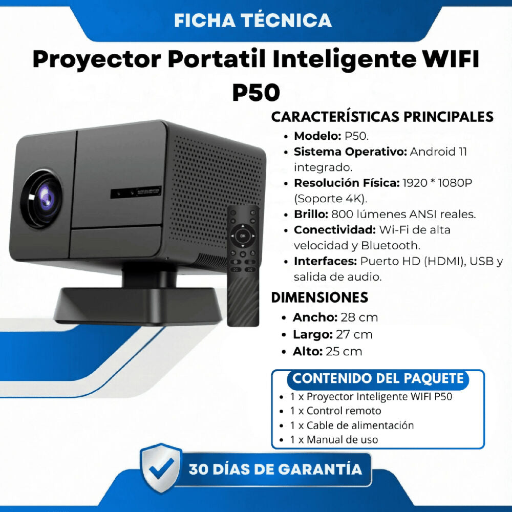 Proyector Portátil Inteligente P50 Con Conexión WiFi 6 Bluetooth Resolución Full HD