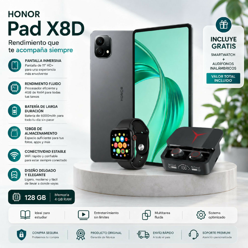 Tablet Honor Pad X8D 128GB / 4GB RAM + Audífonos Bluetooth Y Reloj Gratis