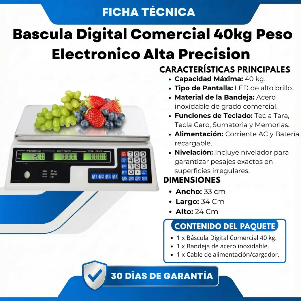 Bascula Digital Comercial 40kg Peso Electronico Alta Precision Pantalla Lcd
