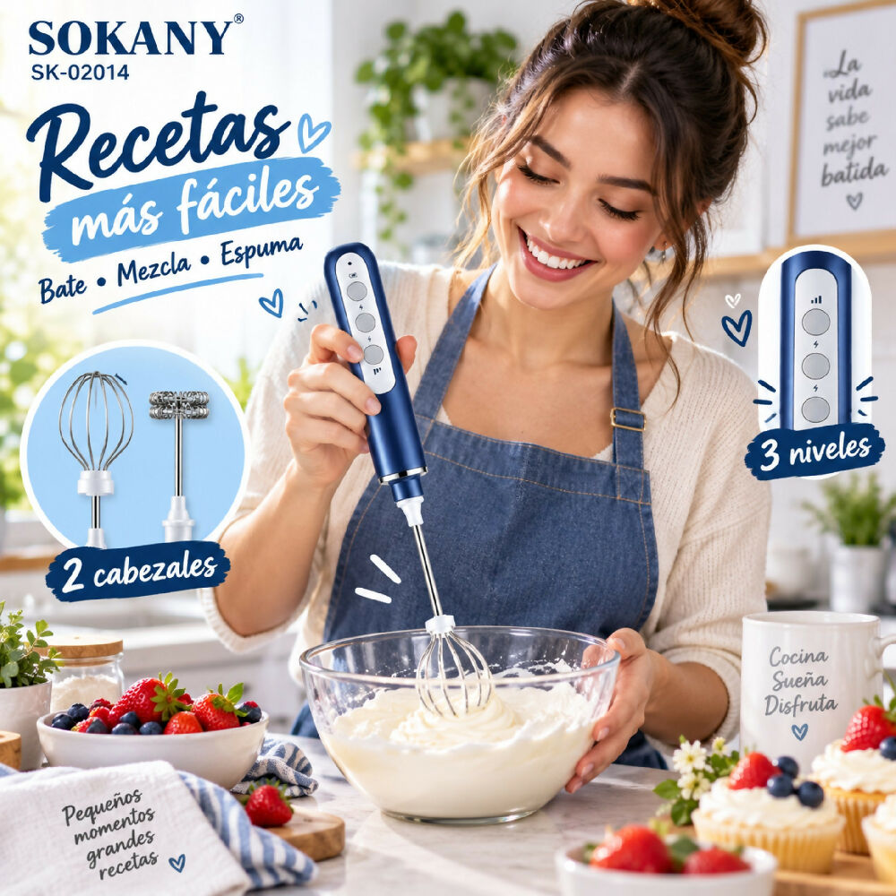 Minibatidora Portátil Recargable Sokany SK-02014 Con Accesorios Azul