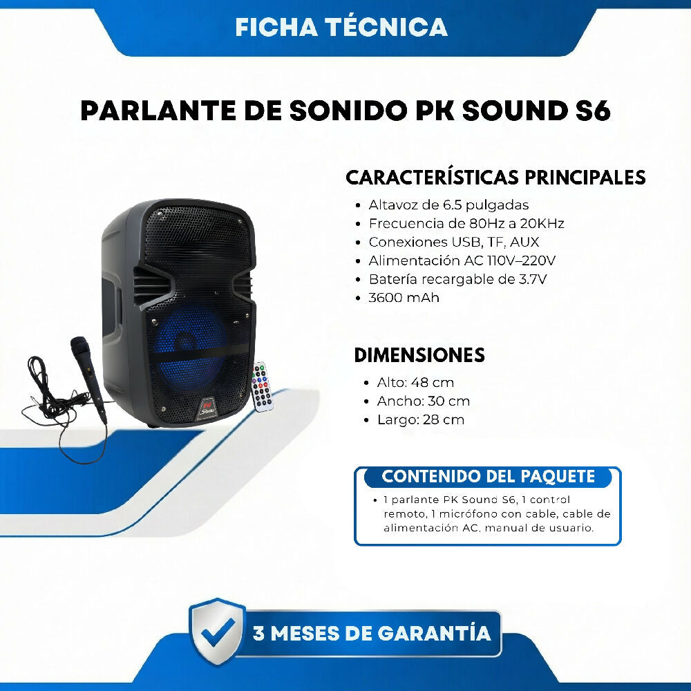Parlante De Sonido PK Sound S6 Altavoz Bluetooth Portátil Con Bajo Potente Y Batería Recargable
